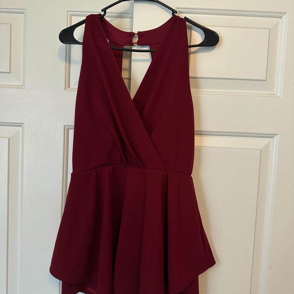 Sleeveless V-Neck Burgundy Peplum Romper